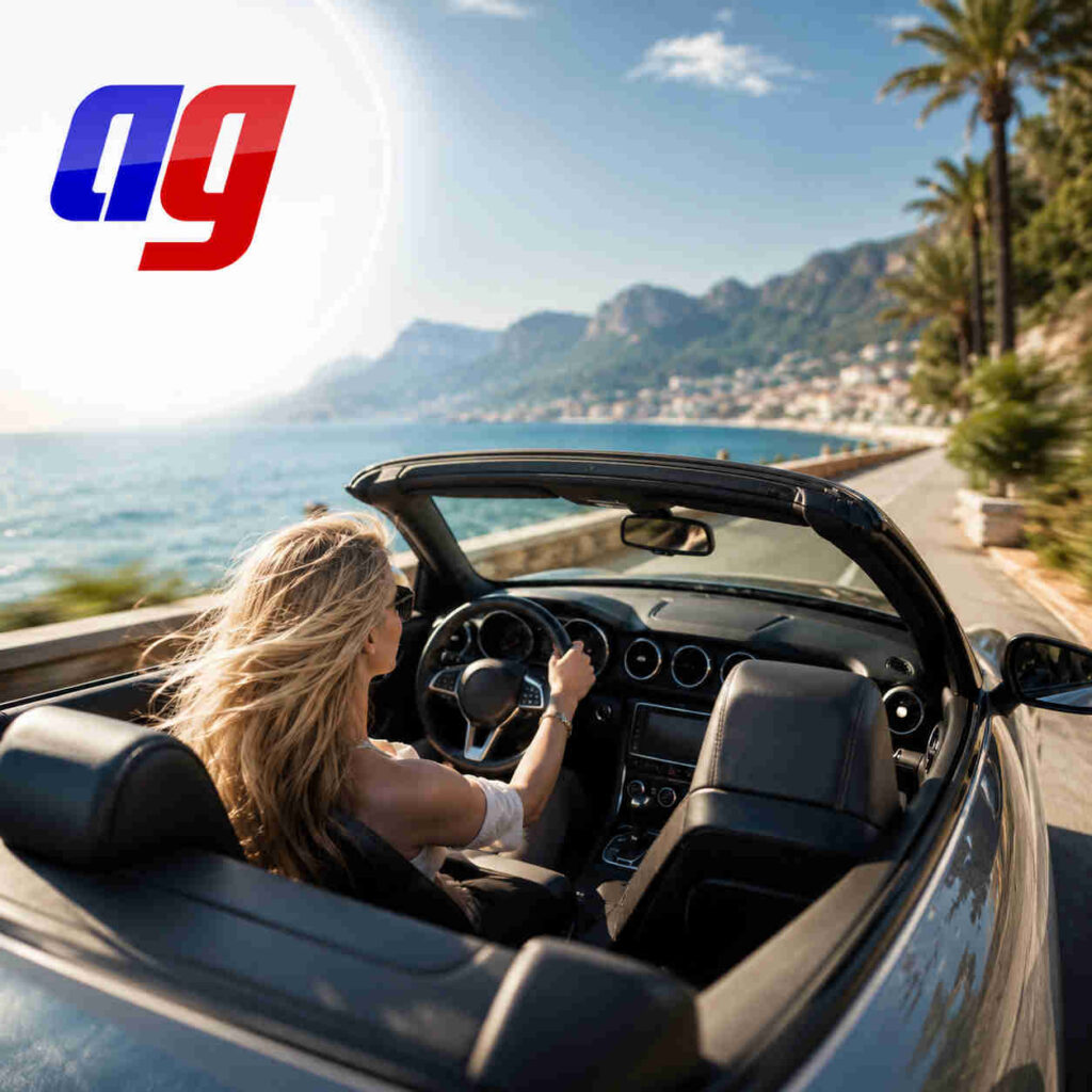 Donna bionda al volante sul lungomare con logo di allaguida.it in alto a sinistra