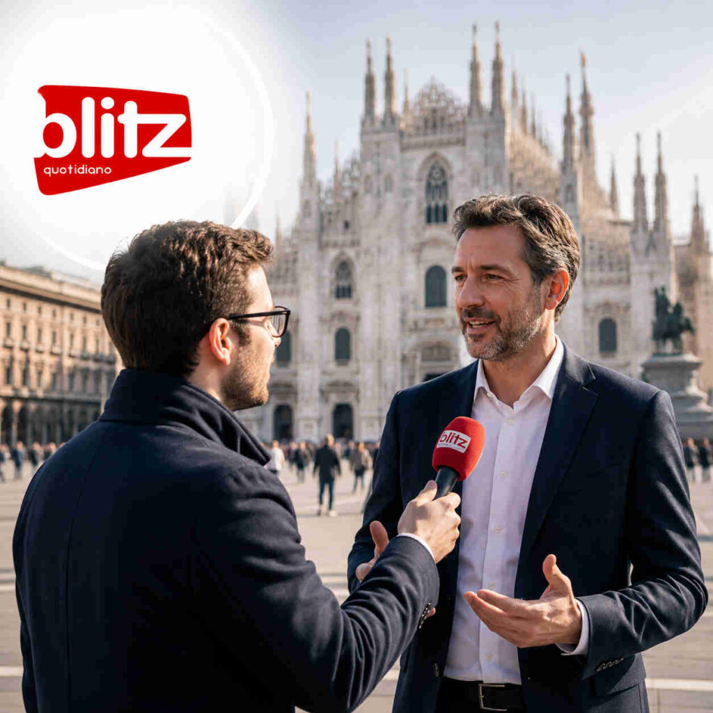 Giornalista che intervista un passante davanti al Duomo di Milano e logo di Blitzquotidiano in alto a sinistra