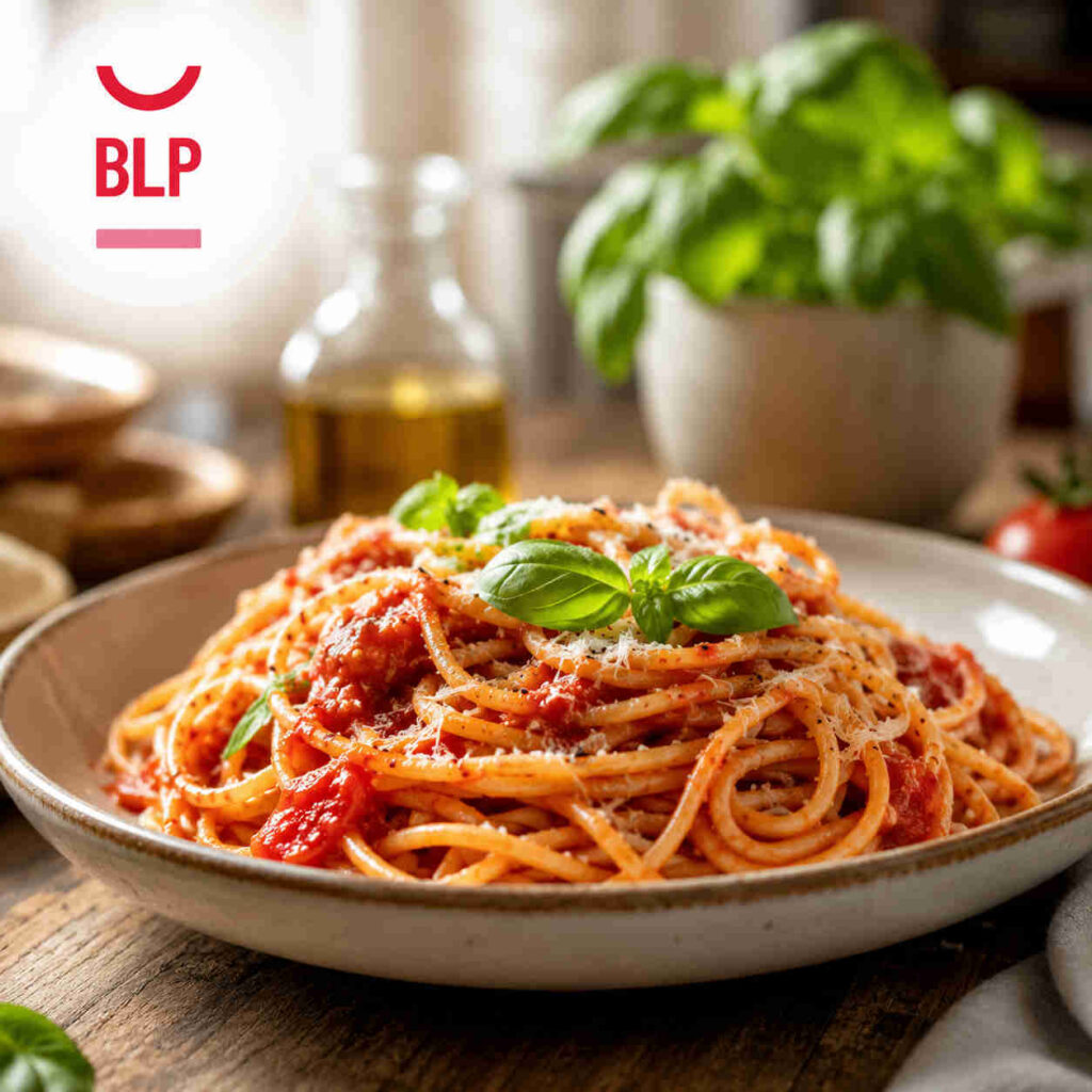 Piatto di spaghetti con pomodoro e basilico e logo di buttalapasta in alto a sinistra