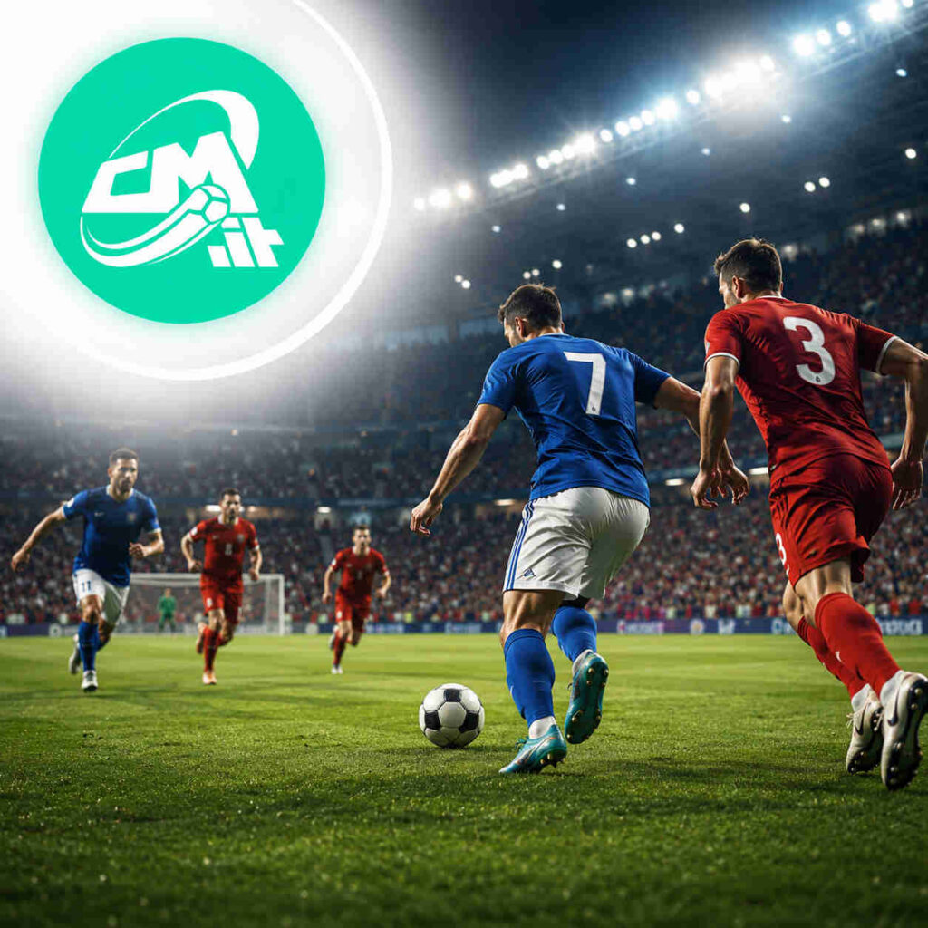 Giocatori di calcio in campo e logo di calciomercato.it in alto a sinistra
