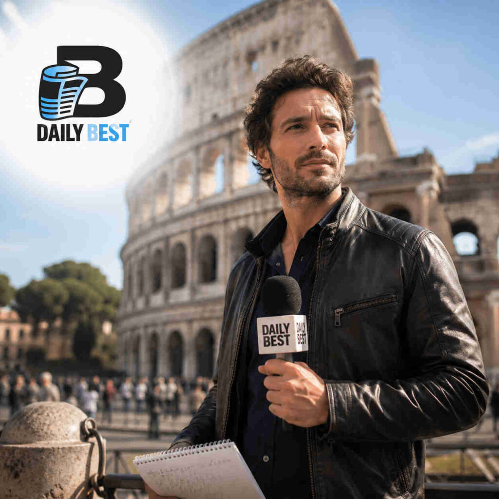 Giornalista con microfono in mano, Colosseo sullo sfondo e il logo di Dailybest.it in alto a sinistra