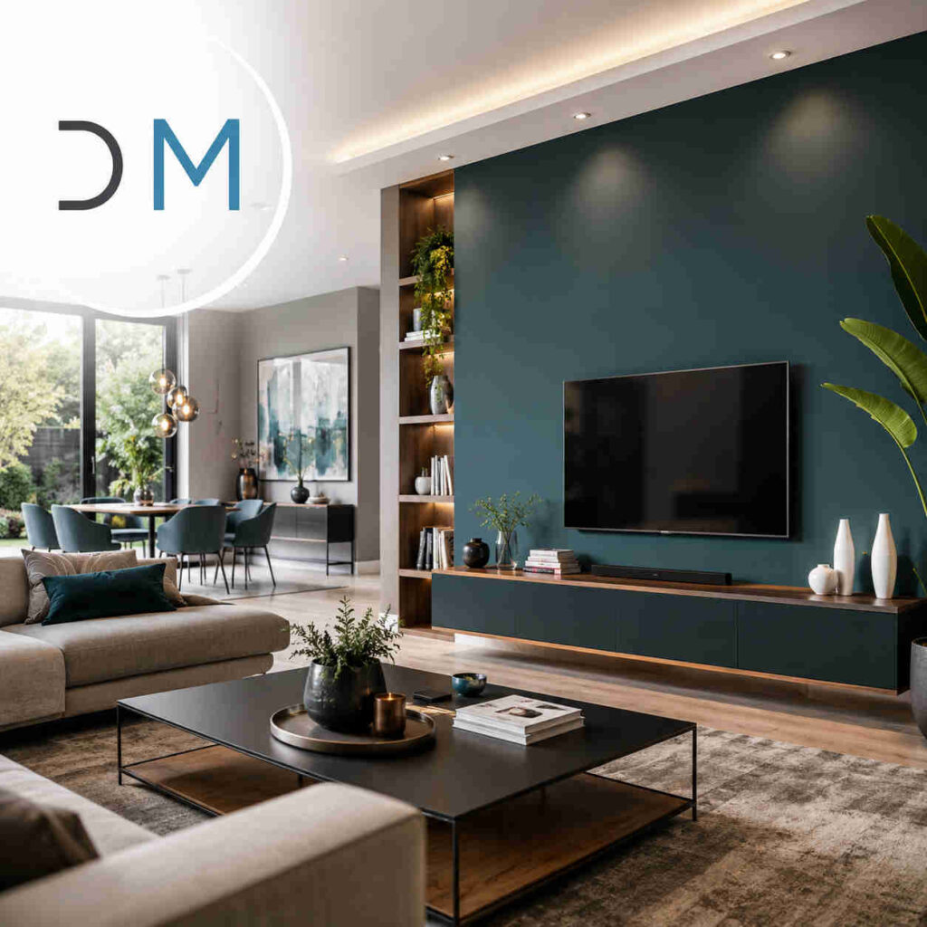 Soggiorno moderno con logo di designmag.it in alto a sinistra