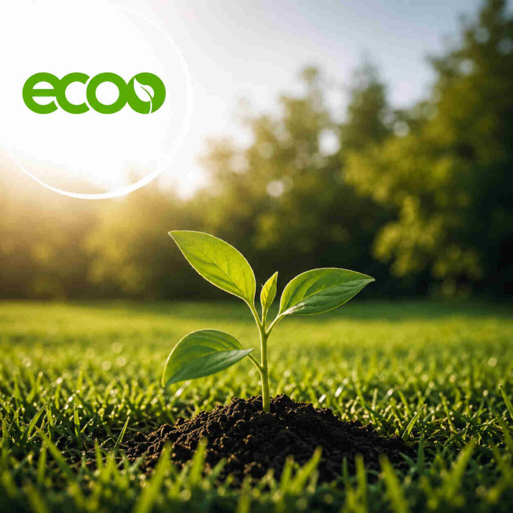 Piantina che cresce su di un prato e logo di ecoo.it in alto a sinistra