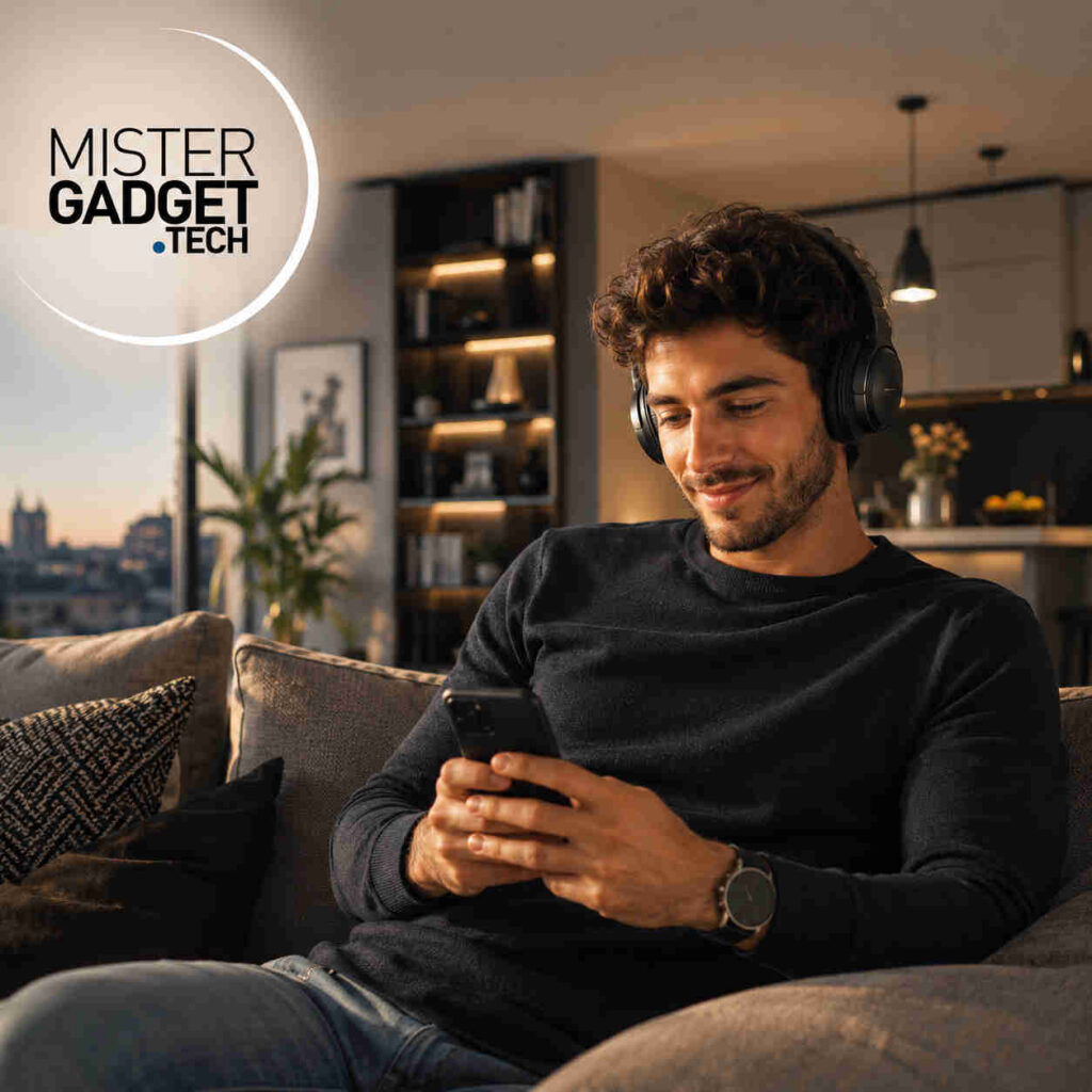 Ragazzo seduto sul divano mentre guarda il suo smartphone in mano e il logo di Mistergadget in alto a sinistra