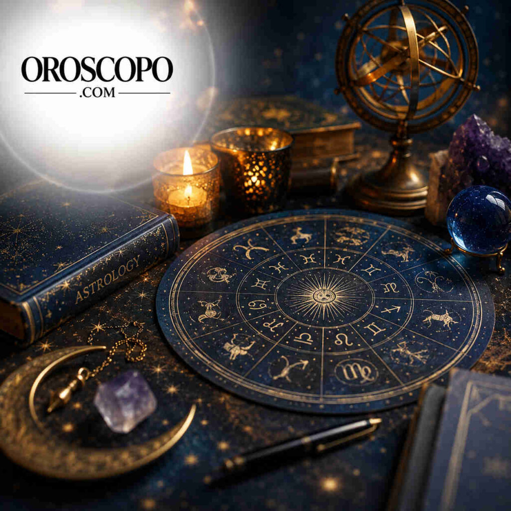 Tavolo di un'astrologa con degli elementi esoterici e logo di oroscopo.com in alto a sinistra