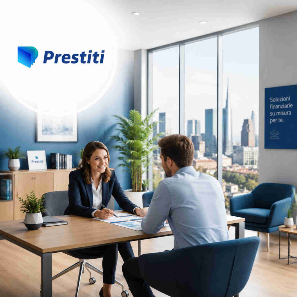 Ragazzo che parla con la sua consulente finanziaria e in alto a sinistra il logo di Prestiti.com