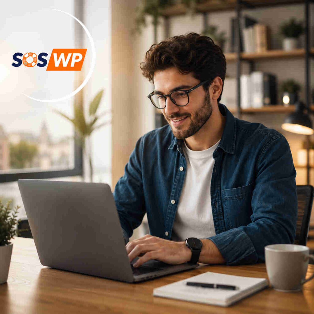 Ragazzo che lavora al computer con logo di SOS-wp.it in alto a sinistra